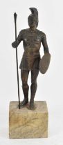 † RON WOOD (1922-2009); a small classical bronze figure of a warrior, on marble plinth base,
