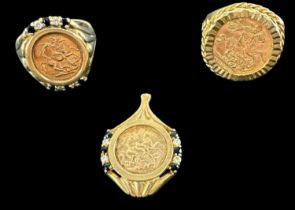 A 9ct yellow gold signet ring set with rubies and white stones and modelled as a sovereign, size Q/
