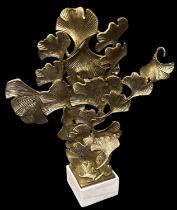 A modern gilt metal floral sculpture on white marble base, height 48cm.