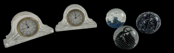 WATERFORD; two Waterford crystal mantel clocks and three Caithness paperweights (5).