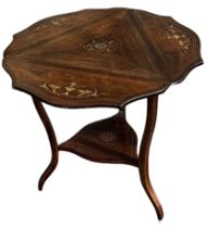 A late 19th century inlaid triangular drop-leaf table, height 71cm.