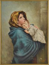 † A POBLETC; an early 20th century oil on canvas, portrait of mother and child, 52 x 37cm, framed.