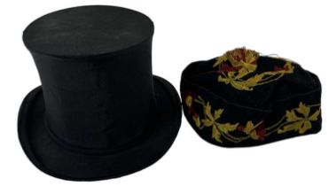 AUSTIN REED LTD; a collapsible opera/top hat and a floral embroidered smoker's hat (2).