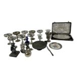 A quantity of silver plated items, including a set of six Spanish goblets, pair of Spanish