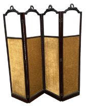 A late 19th century mahogany framed four section room dividing screen, height 192cm.