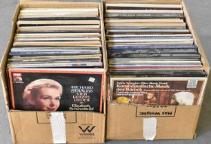 Two boxes containing a large quantity of classical records including Haydn, Schubert, Beethoven,