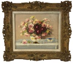 UNATTRIBUTED; oil on board, still life of flowers, indistinctly signed lower left, 30 x 38cm, gilt