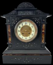 A Victorian slate mantel clock with white enamel dial, height 35cm.