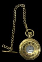 EXCALIBUR; a yellow metal half hunter cased pocket watch with white enamel dial, diameter