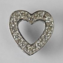 A white metal diamond set heart shaped pendant, 9 x 9mm, approx 0.6g.