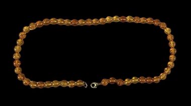 A single strand of amber coloured beads with a 9ct yellow gold clasp, length 43cm.