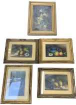 A set of four decorative gilt framed oils on board, still lifes of fruit, one signed 'K.G.U' lower