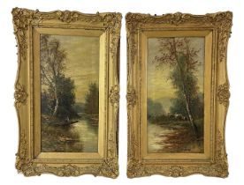 H WALLIS; pair of oils on canvas, rural scenes, a boy in a boat on a stream and cattle by a