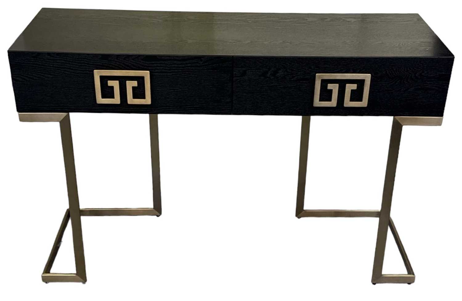 A stylish modern two drawer side/console table, on gilt metal base with stylised gilt metal handles,