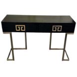 A stylish modern two drawer side/console table, on gilt metal base with stylised gilt metal handles,