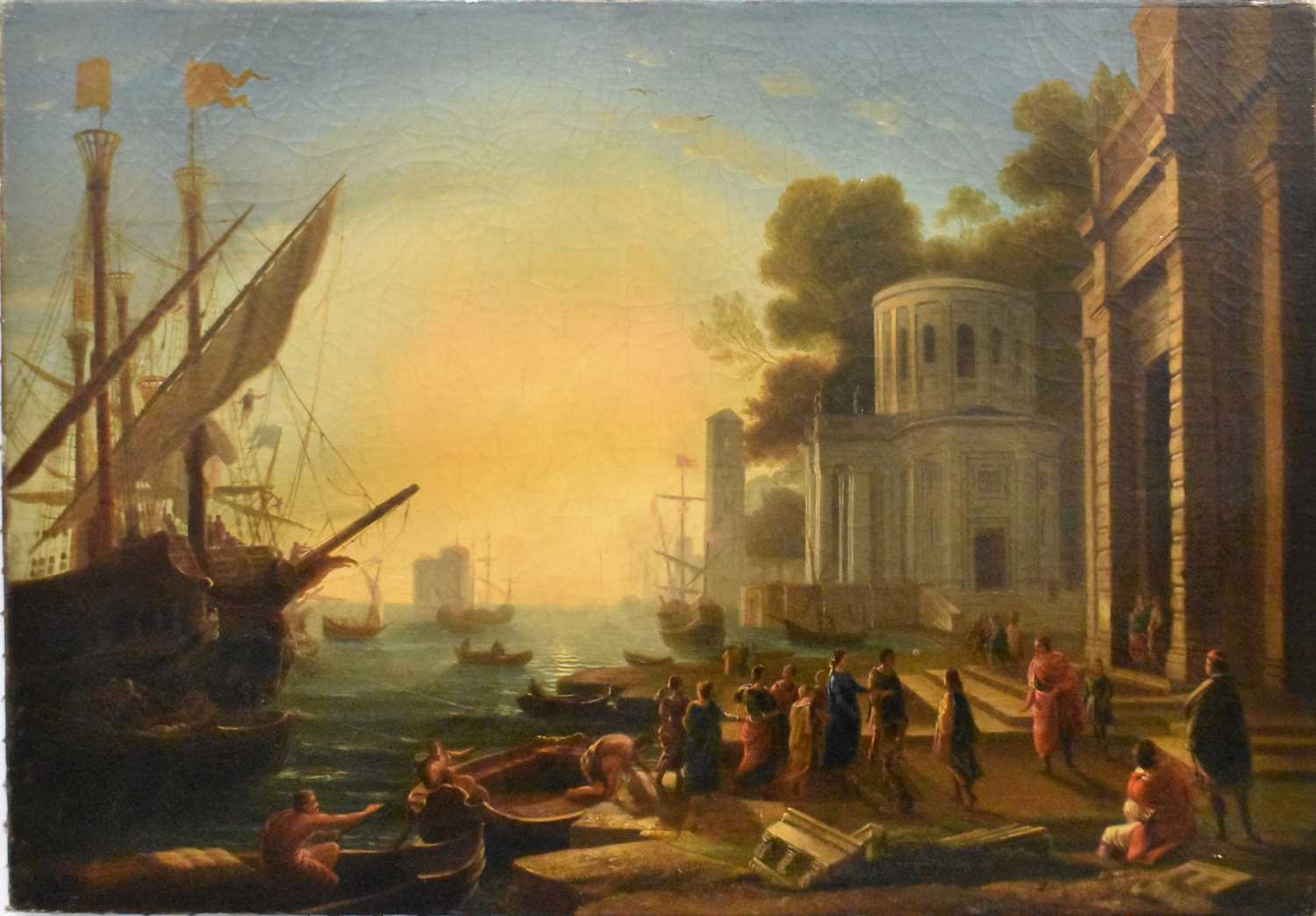 AFTER CLAUDE LORRAIN; a 19th century oil on canvas, 'The Landing of Cleopatra at Tarsus',