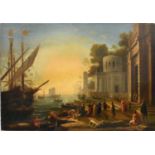 AFTER CLAUDE LORRAIN; a 19th century oil on canvas, 'The Landing of Cleopatra at Tarsus',