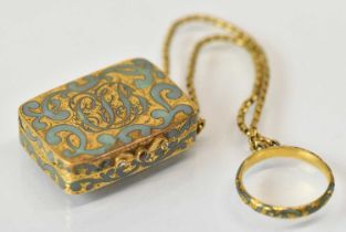 A yellow metal and turquoise enamel vinaigrette with pierced gilt interior and thumbpiece set with