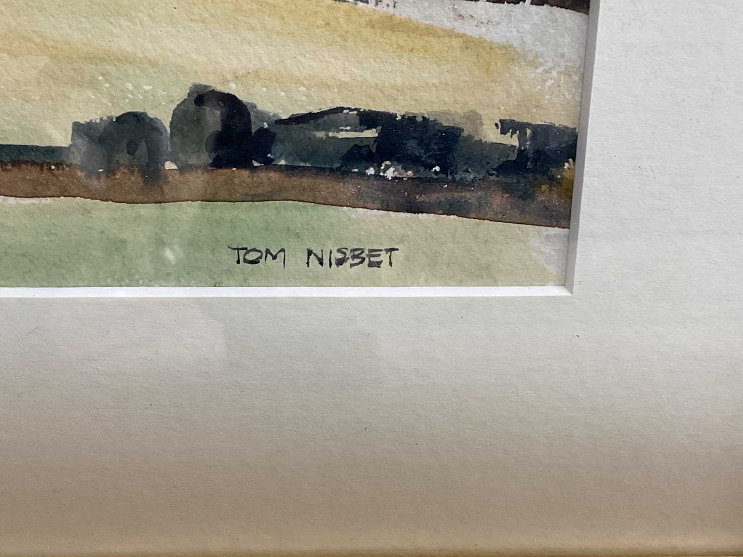 † TOM NISBET (1909-2001); watercolour, rural scene, cows in a field with the sea in the - Image 2 of 2