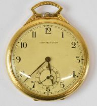 CHRONOMETER; an 18ct yellow gold slimline pocket watch, diameter 4.5cm.