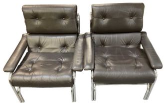 TIM BATES FOR PIEFF; a pair of 1970s chrome framed leather upholstered lounge chairs produced by