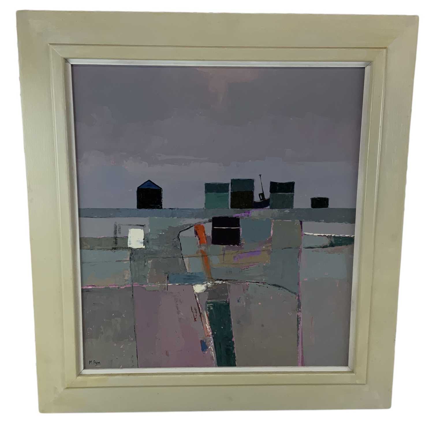 † MARY PYM (born 1935); oil on board, 'Dungeness Sheds on Picnic Ground', signed lower left, 52.5