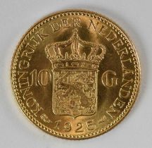 A Dutch ten guilders gold coin, 1925, diameter 2.1cm, approx 6.7g.