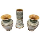 DOULTON LAMBETH; a three piece chimney set comprising central vase, height 19cm, and two baluster