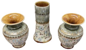 DOULTON LAMBETH; a three piece chimney set comprising central vase, height 19cm, and two baluster