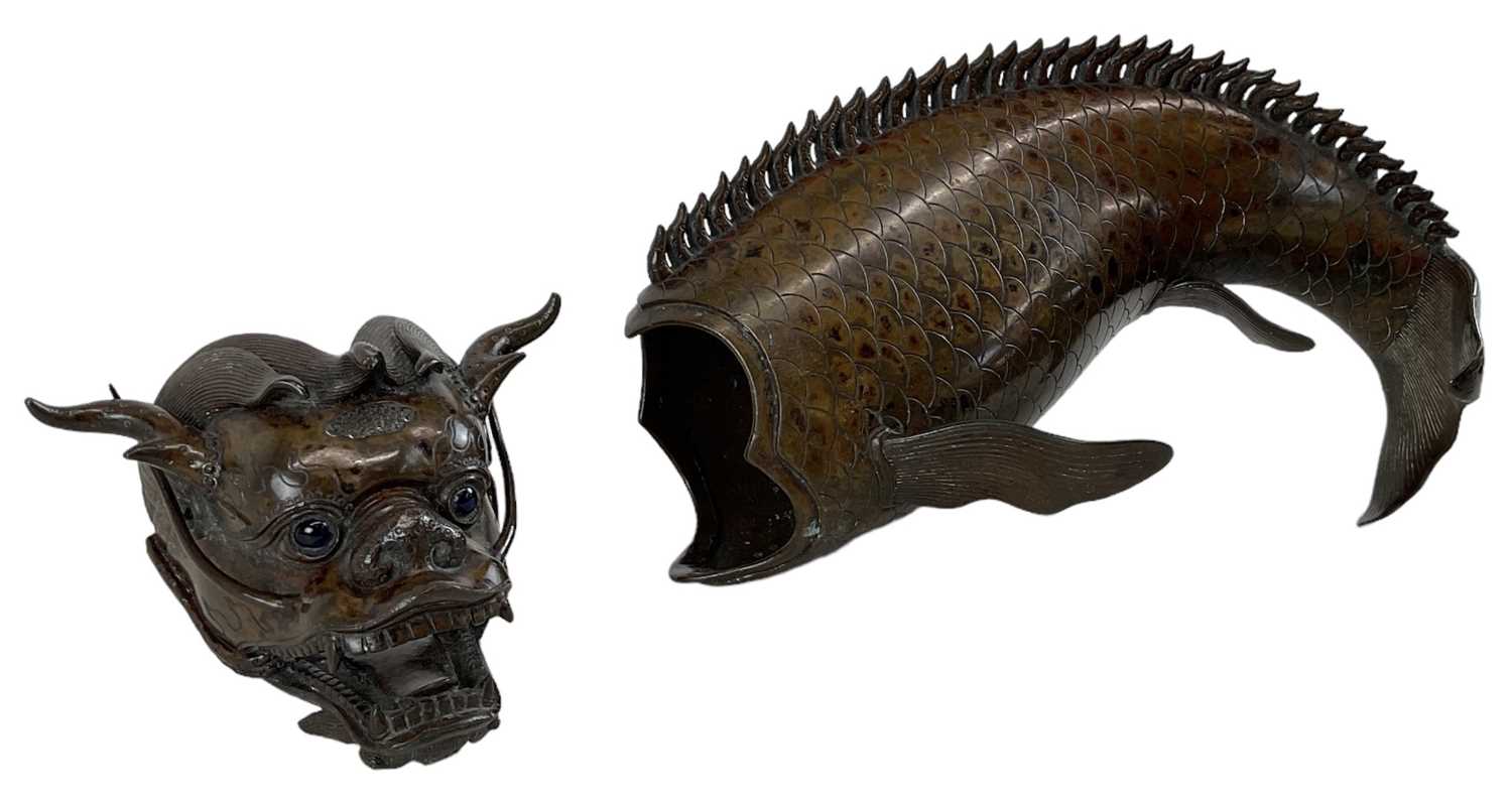 A late 18th/early 19th century Chinese bronze dragon carp censer, with removable lid, height 24cm. - Image 2 of 2