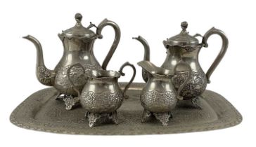 A four piece silver plated tea service on tray comprising teapot, coffee pot, twin handled sugar