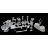 A quantity of plated items including teapot, rose bowl, vases, candlesticks, twin handled tray,