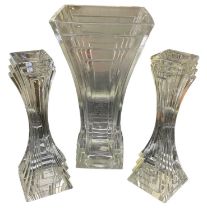 An Art Deco style Bohemian crystal glass vase with pair of matching candlesticks, height of vase