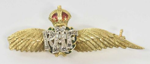 A 15ct yellow gold RAF sweetheart brooch set with small white stones and with red and green