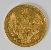 An 1838 Russian three ruble gold coin, diameter 1.8cm, approx 3.9g.