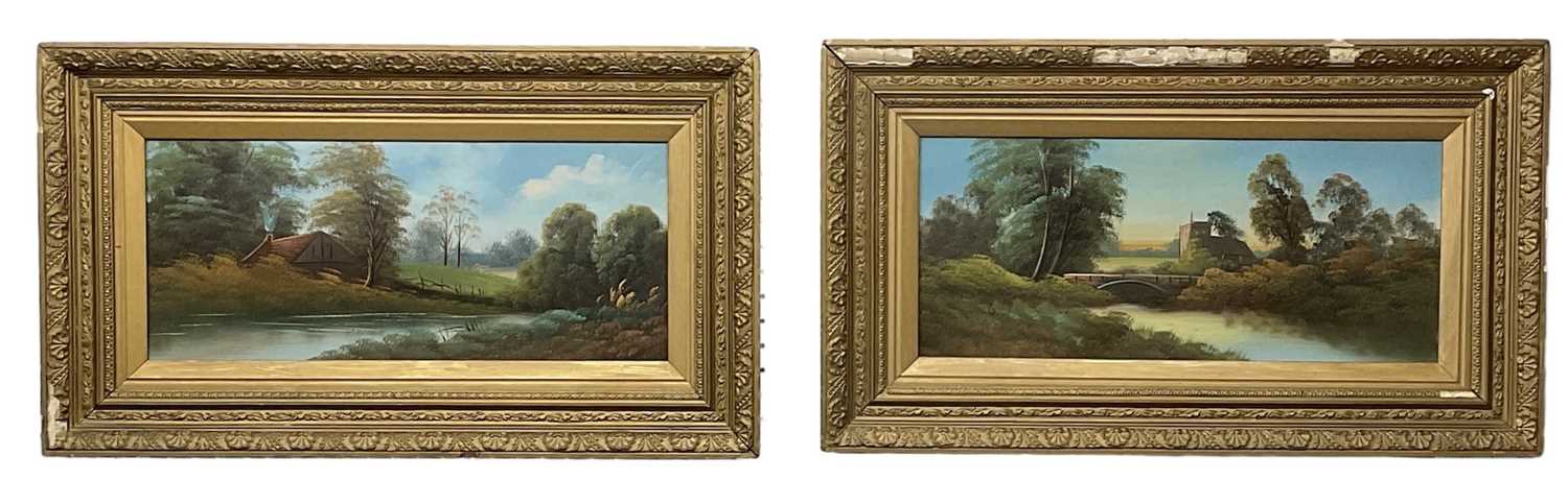 UNATTRIBUTED; pair of oils on board, rural scenes, each 23 x 54cm, gilt framed.