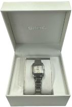 SEIKO; a lady's stainless steel wristwatch with white enamel dial, diameter excluding winding