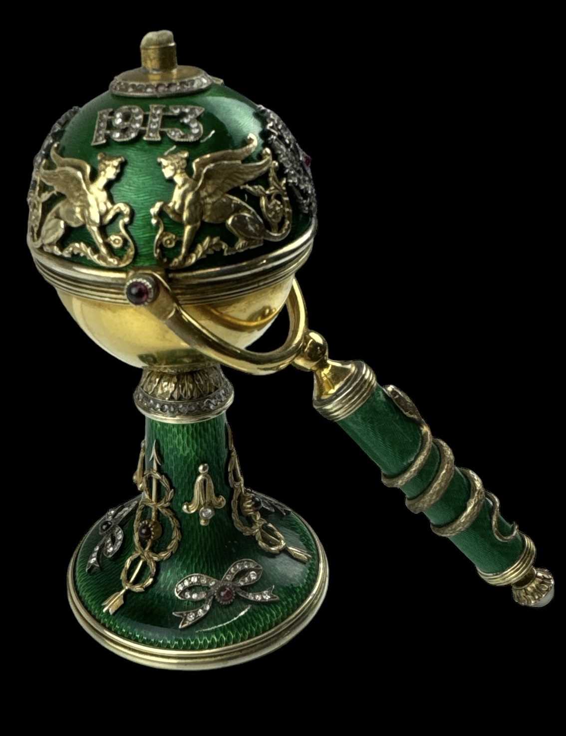 A Russian silver gilt green enamel and jewelled table lighter made to commemorate the Romanov - Image 2 of 6