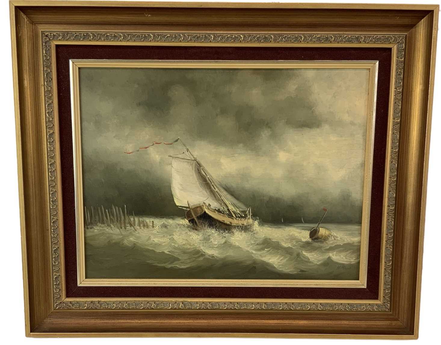 H MILLS; oil on canvas, shipping scene depicting a boat on stormy seas, signed lower right, 30 x