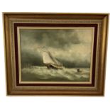 H MILLS; oil on canvas, shipping scene depicting a boat on stormy seas, signed lower right, 30 x