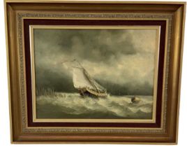 H MILLS; oil on canvas, shipping scene depicting a boat on stormy seas, signed lower right, 30 x