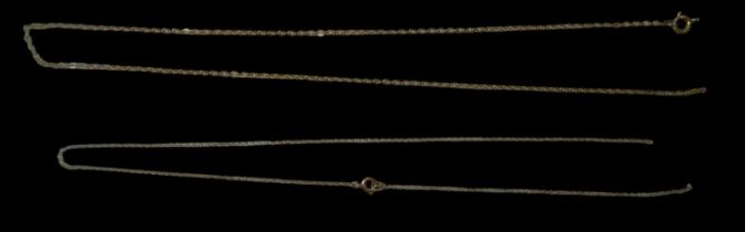 Two yellow metal necklaces, lengths 45cm and 40cm, combined approx 3.7g.