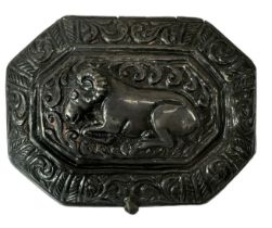 An Indian white metal snuff box of canted rectangular form and decorated with beasts, 6 x 5cm,