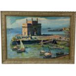 UNATTRIBUTED; 20th century Continental oil on canvas, coastal scene, boats in a harbour,