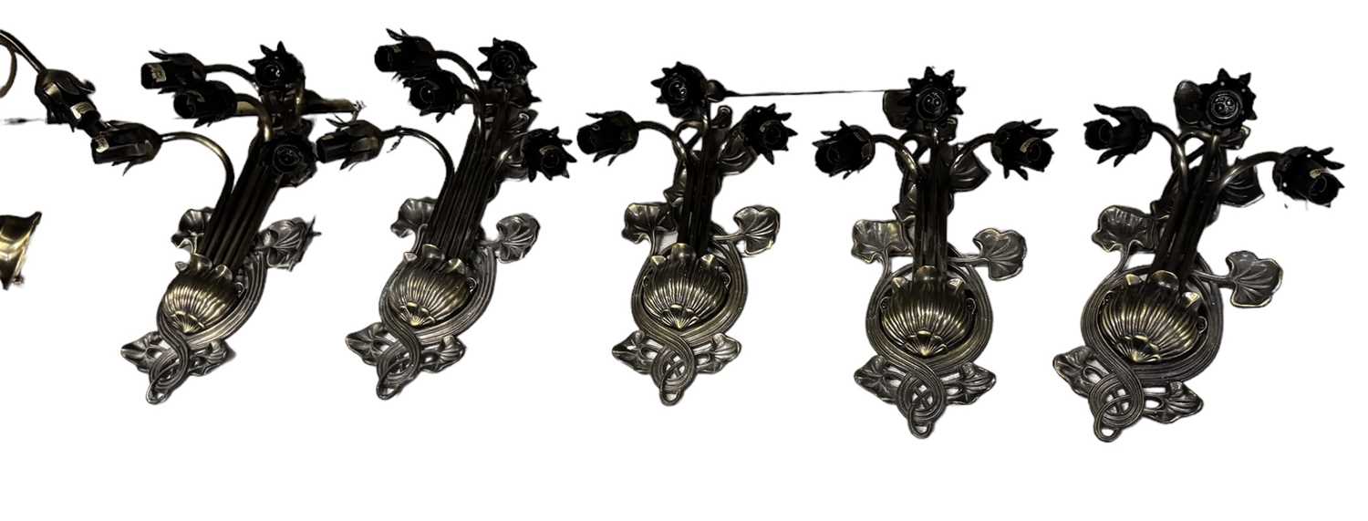 A set of four metal framed seven branch Art Nouveau style ceiling lights with frosted glass - Image 2 of 2