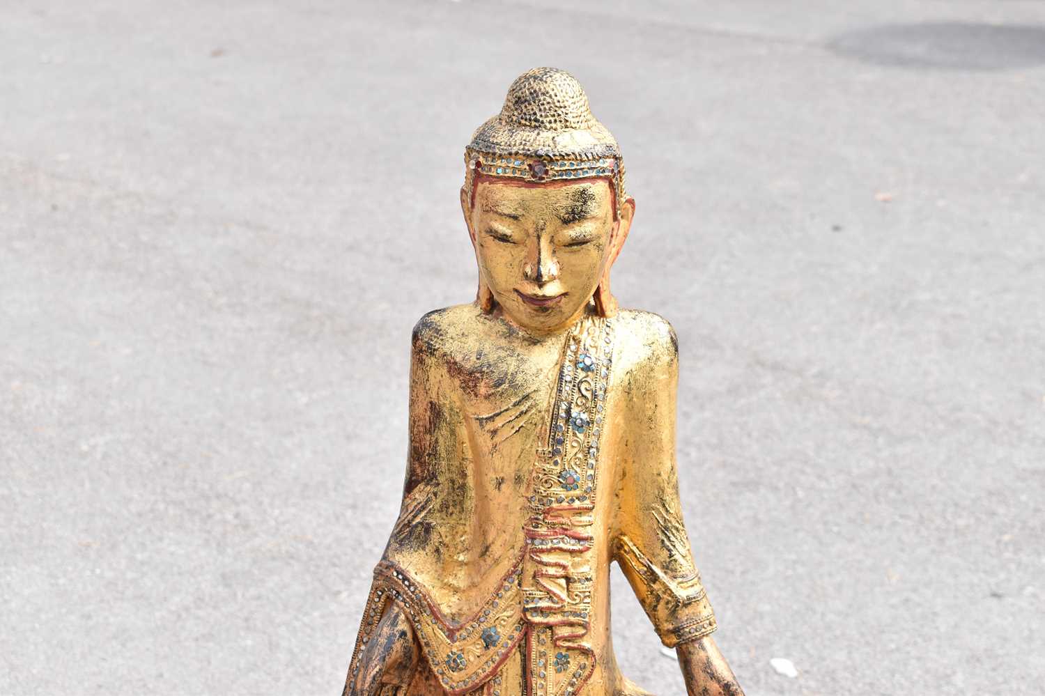 A large 18th century Sino-Tibetan bronzed giltwood figure, height 116 cms including base. - Image 2 of 11