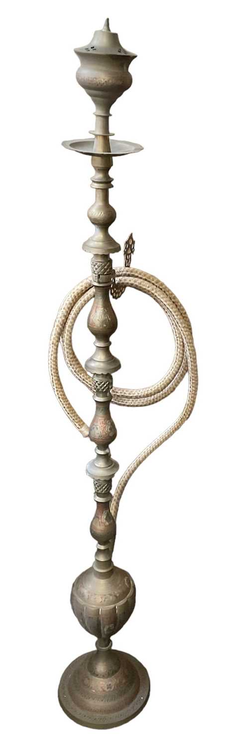 An Indian brass and inlaid hookah/shisha pipe, height 140cm.