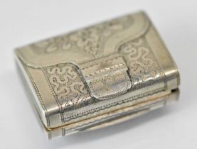 COCKS & BETTRIDGE; a George III hallmarked silver satchel form vinaigrette with gilt interior,