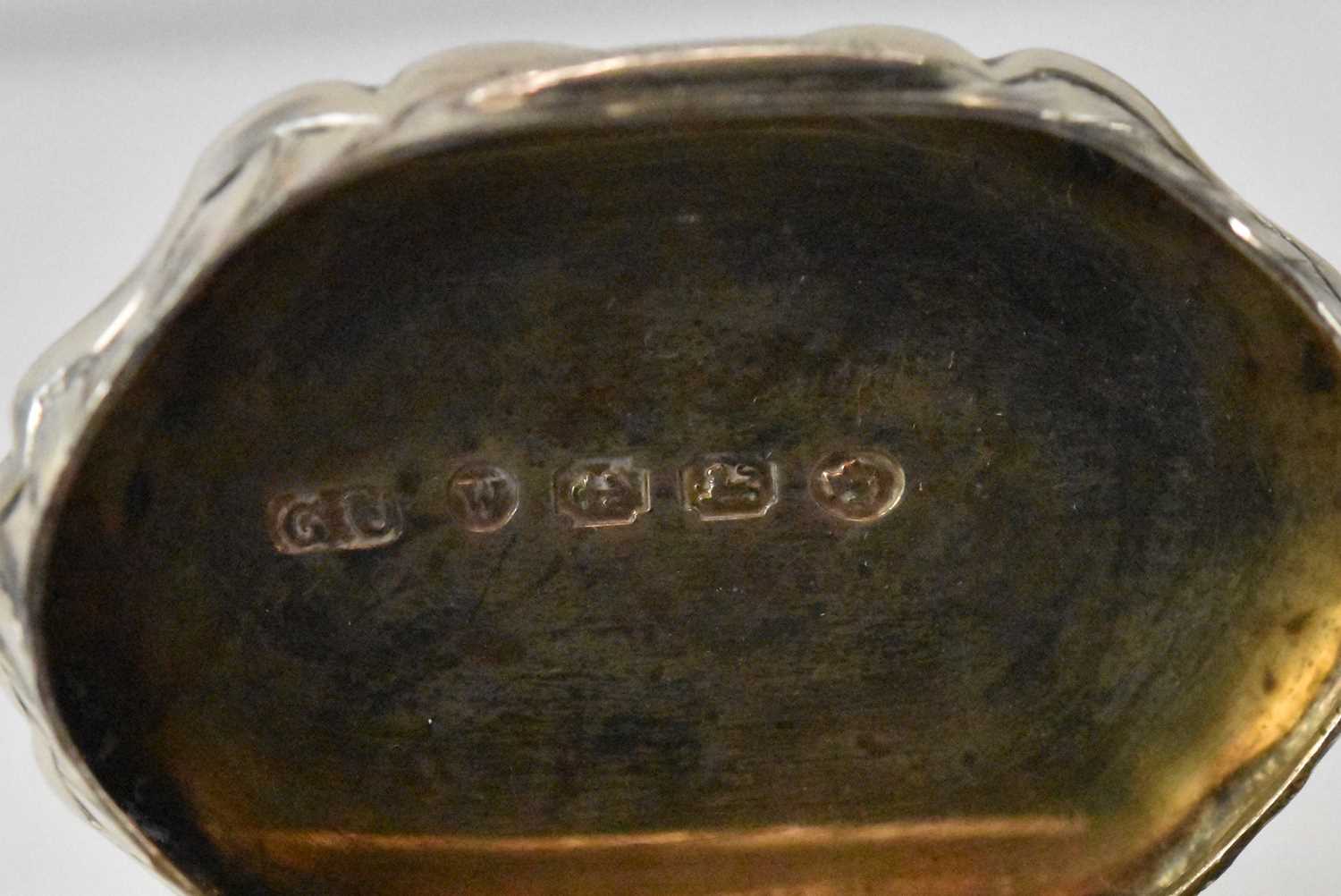 GEORGE UNITE; a Victorian hallmarked silver shaped oval vinaigrette with pierced gilt interior, - Image 4 of 4