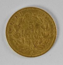 An 1854 French five francs gold coin, diameter 1.5cm, approx 1.5g.